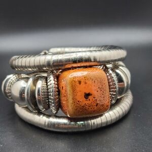 Silver Tone Bracelet with Orange Speckled Bead